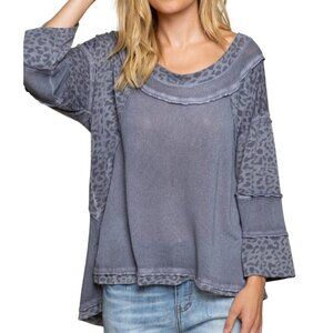 POL Charcoal Leopard Print Mixed Media Bohemian Top Size L